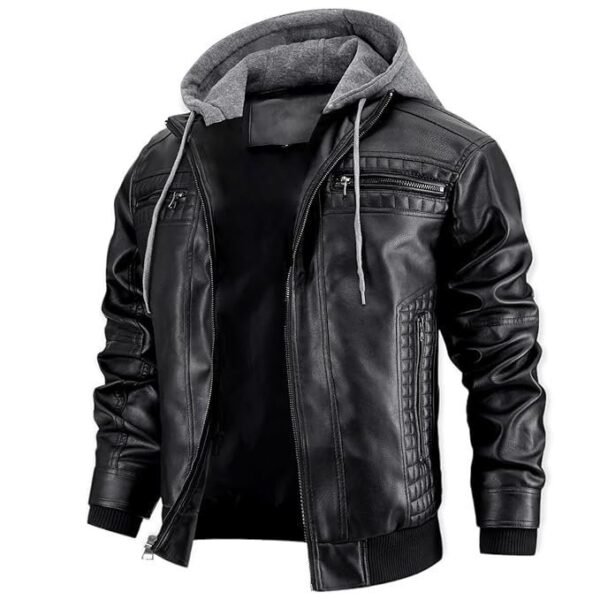 Blaq Ash Men's Black Faux Leather Jacket with Zipper, Multiple Pockets, and Removable Hood Design