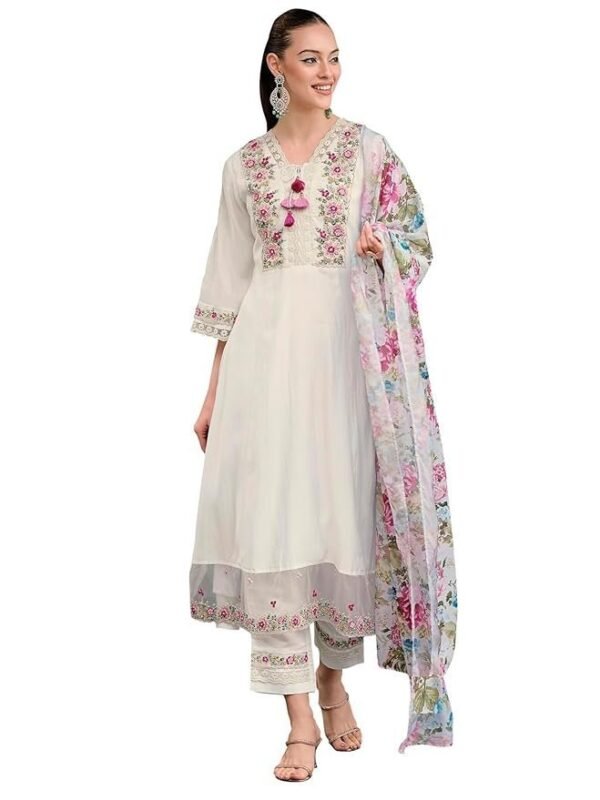 INDO ERA Women's Silk Blend Embroidered A-Line Kurta Pant with Dupatta Set