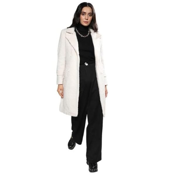Campus Sutra Women's Polyester Double-Breasted Standard Length Long Coat For Casual Wear | Lapel Collar | Long Sleeve | Button Closure | Soft Coat Crafted With Comfort Fit For Everyday Wear