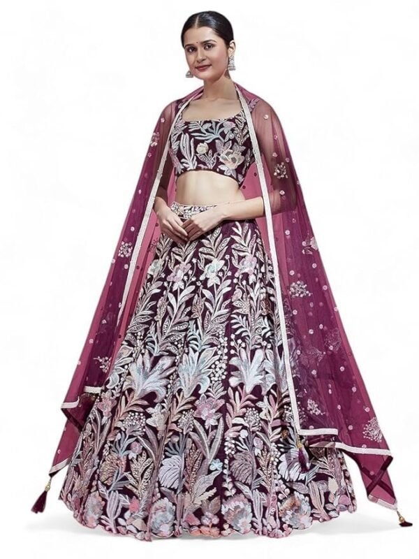 Zeel Clothing Women's Net Sequins Embroidered Soft Net Semi Stitched Lehenga Choli With Dupatta (6032-Wine-Wedding-Stylish-Lehenga-Choli-Latest; Free Size), Multicolor