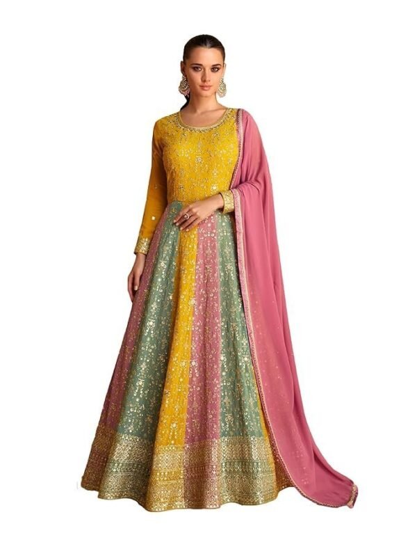 Miss Ethnik Women's Yellow Faux Georgette Stitched Top with Dupatta Full Sleeve Embroidered Anarkali Gown
