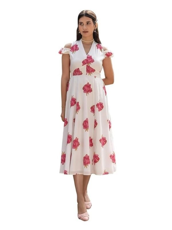 FIORRA Women's White Floral Print Cotton Midi Dress