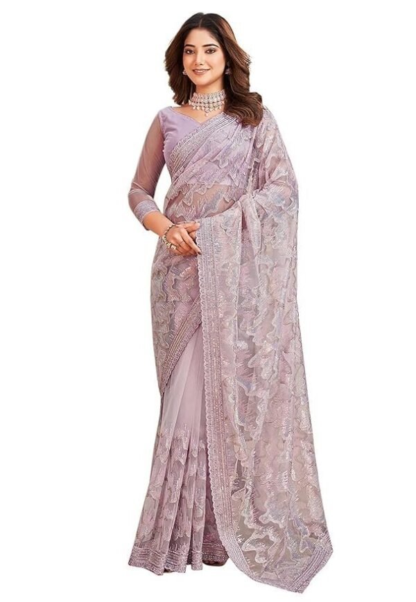 TRENDMALLS Women's Net Sequin Embroidery Zarkan Work Saree with Unstitch Blouse Piece