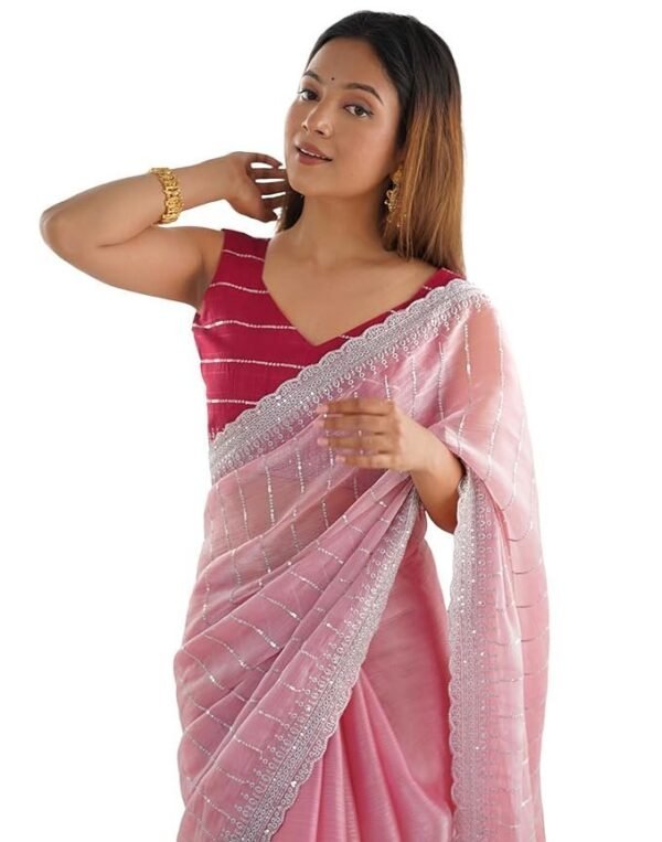 SIRIL Women's Shimmer Chiffon Sequence Embroidery Saree With Unstitched Blouse Piece for Wedding and Parties