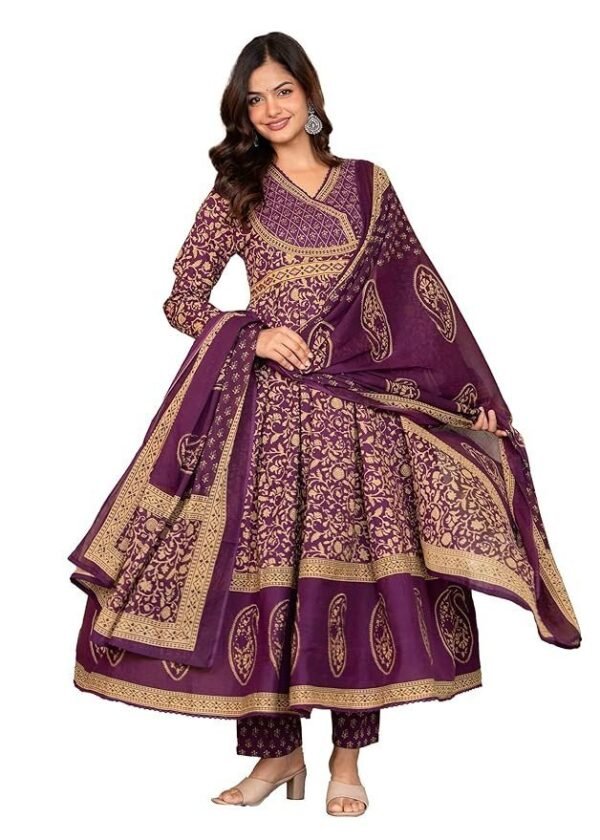 Pistaa's Women's Pure Cotton Anarkali Floral Printed Hand Work Kurta with Pant & Dupatta Set