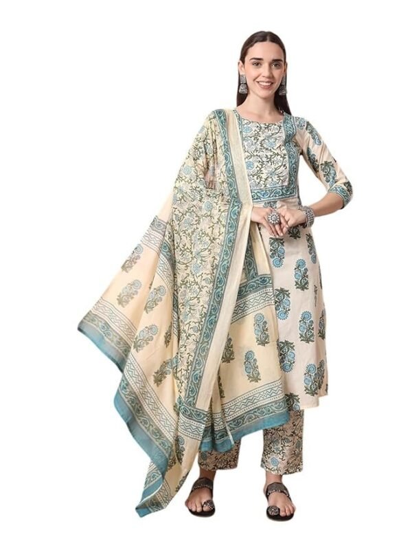 YUFTA cream pure cotton kurta set with pant & dupatta