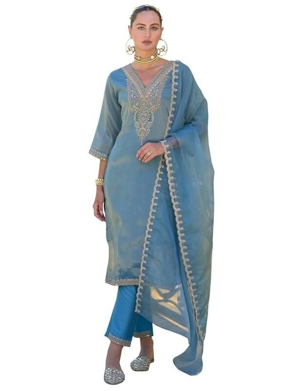 INDO ERA Women's Black Silk Blend Embroidered Straight Kurta & Pant with Dupatta Set (