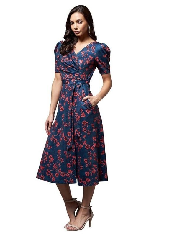 Miss Chase Women's Multicolored-Base-Blue V-Neck Pleated Puff Sleeve Floral Wrap Midi Polyester Dress