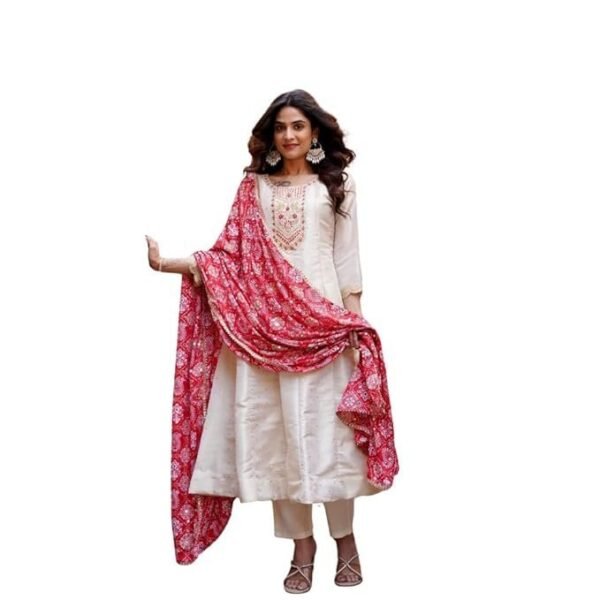 GEETHA CREATION Classic Red & Ivory Ethnic Dress for Women – Embroidered Silk Ensemble with Dupatta