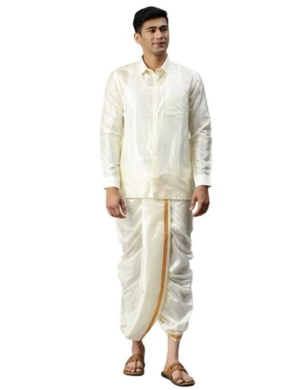 RAMRAJ COTTON traditional silk shirt full sleeve shirt and jari border dhoti for men