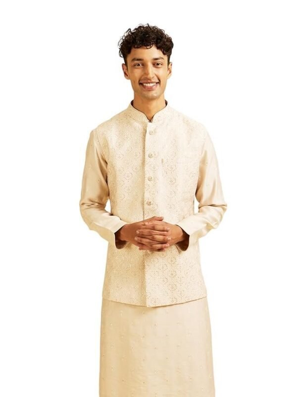 Manyavar Men's Art Silk Floral Embroidery Jacket Set