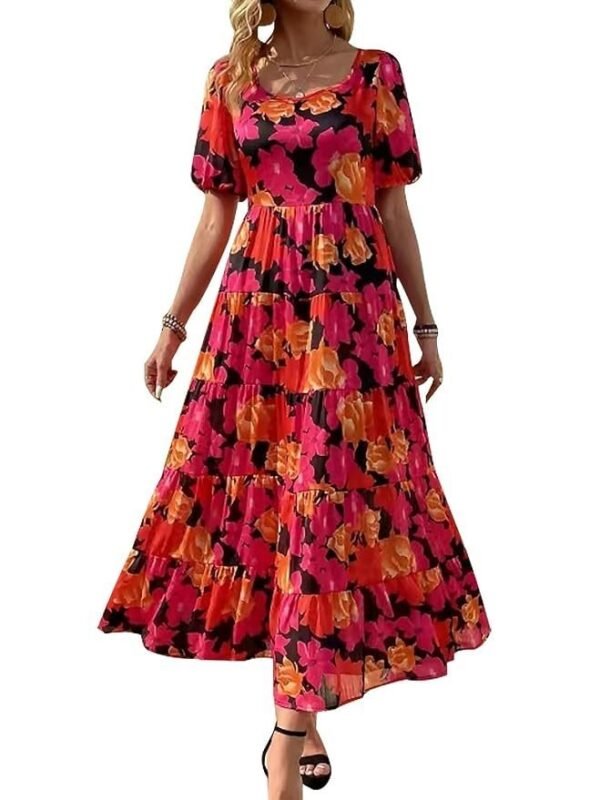 PRETTYGARDEN Womens Dresses 2024 Puff Sleeve Floral Casual Summer Dresses Smocked Backless Beach Flowy Tiered Maxi Dress
