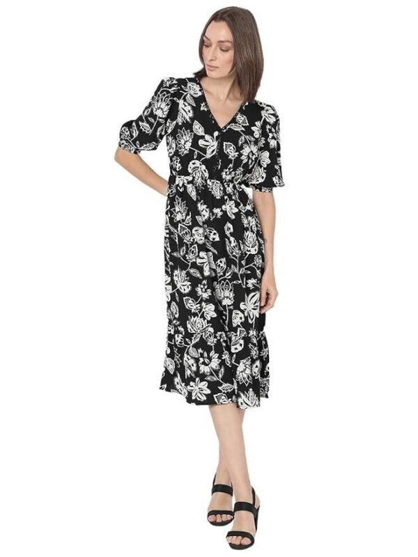 VERO MODA Cotton Floral Printed Puff Sleeve Fit & Flare Midi Dress