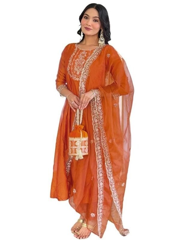 Naixa Women's Vichitra Silk Embroidered Straight Kurta with Pant and Dupatta Sets