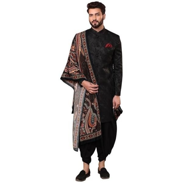 KISAH Indowestern Men's Ethnic Wear Silk Blend Woven Design Regular Fit Black Indo-Western Sherwani Set Indo-Western