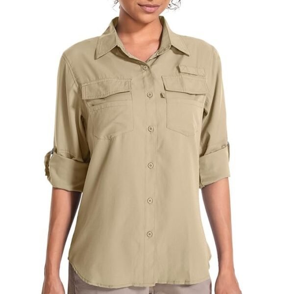Toomett Long Sleeve Shirts for Women Hiking Fishing Safari Camping Travelling Button Down Quick Dry Convertible to Short Sleeve,F5026,Khaki