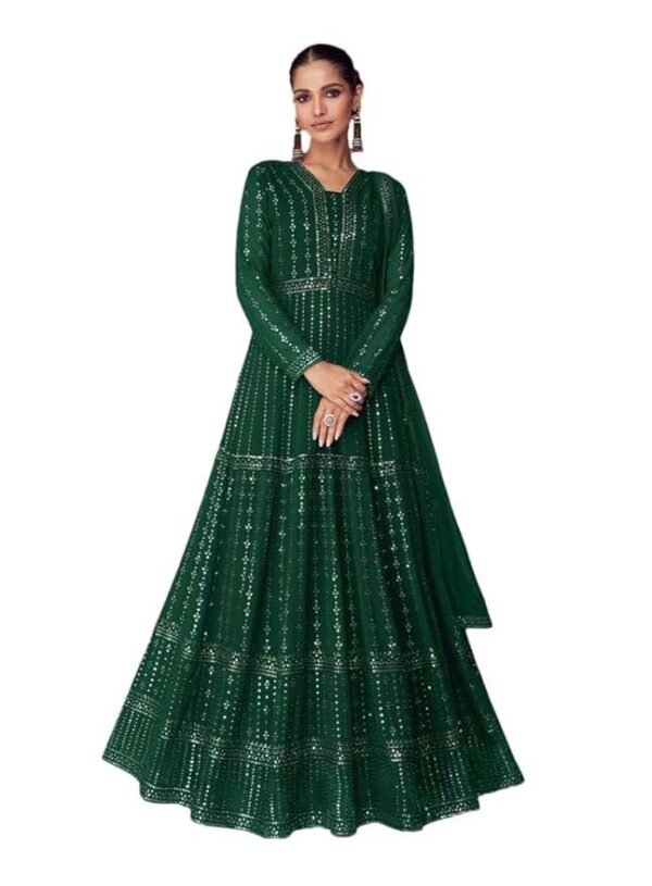 Miss Ethnik Women's Faux Georgette Stitched Top With Unstitched Santoon Bottom and Dupatta Full Sleeve Embroidered Anarkali Gown