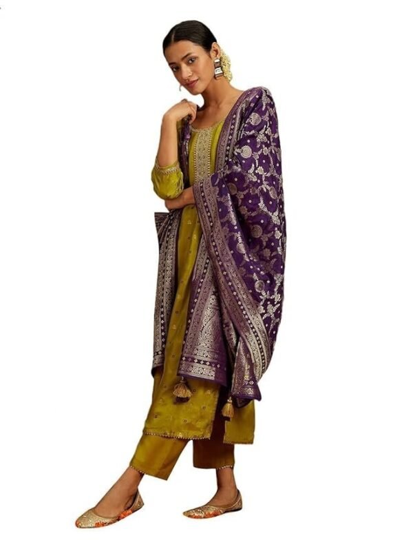 Libas Green Self Design Silk Straight Kurta With Trousers & Dupatta