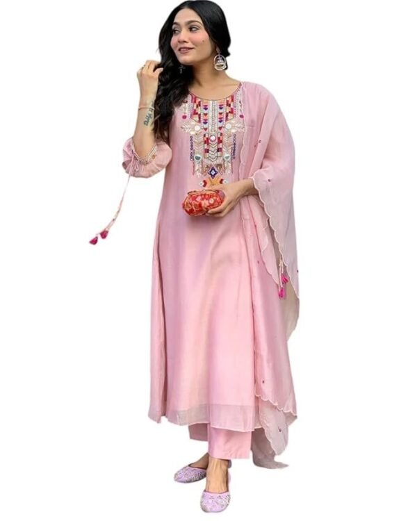 NAIKU TRADERS Women's Cotton Mirror Work Embroidered Straight Kurti with Pant and Dupatta Set