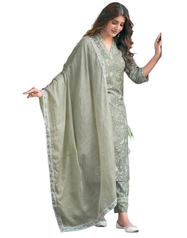 SKYLEE Women's Rayon Floral Printed and Printed Lace Straight Kurta with Pant & Dupatta