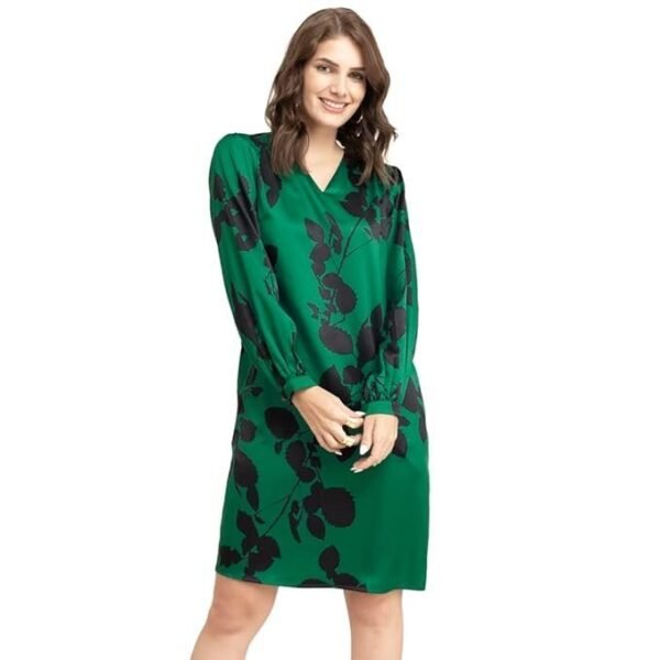 FableStreet Women's V-Neck Green Satin Floral Dress