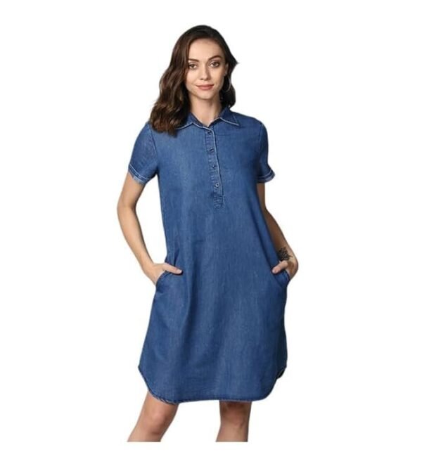 AHAVENIC Shop Women's Denim Solid Collar Neck Short Sleeve Dress (Blue)-PID61539