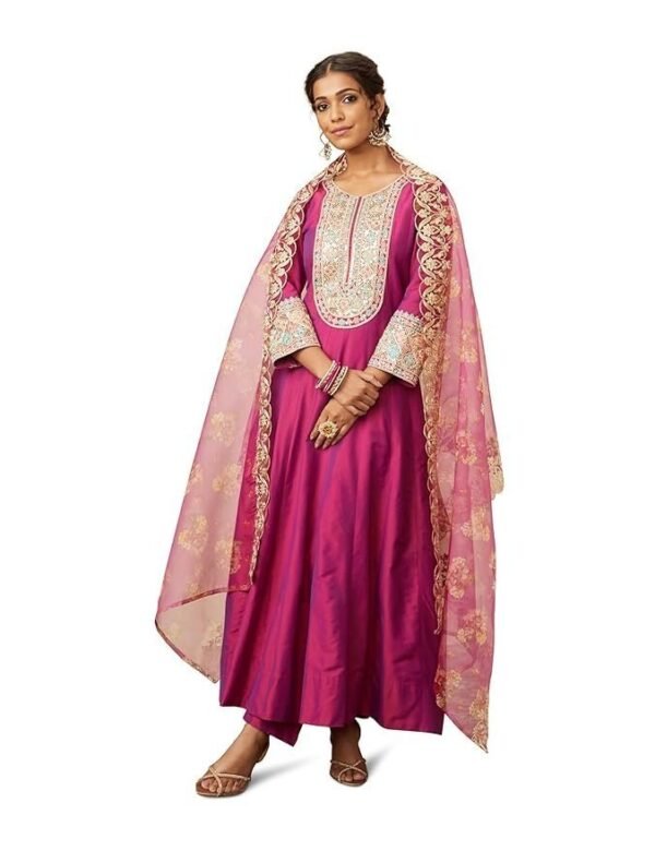 Amazon Brand - Myx Women's Embroidered Anarkali Kurta Pant Set with Organza Dupatta | Viscose,Rayon | A-line fit
