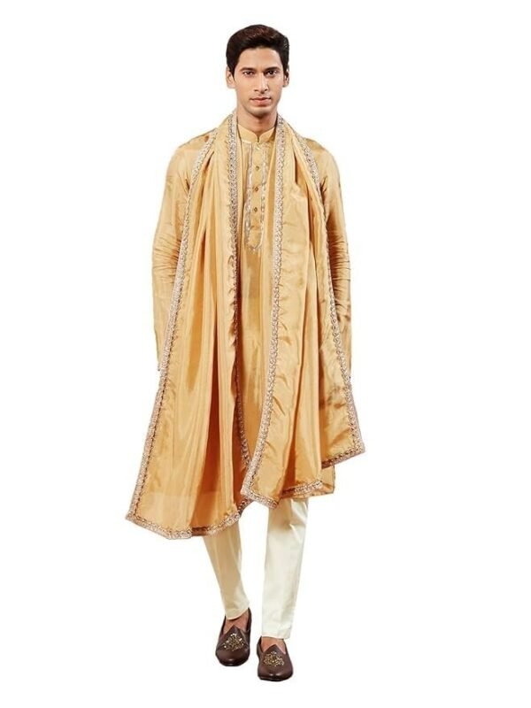 VASTRAMAY Men's Tissue Silk Kurta Pyjama And Dupatta Set - Full Sleeves with Lace Detailing, Golden Border Dupatta for Weddings & Festive Occasions